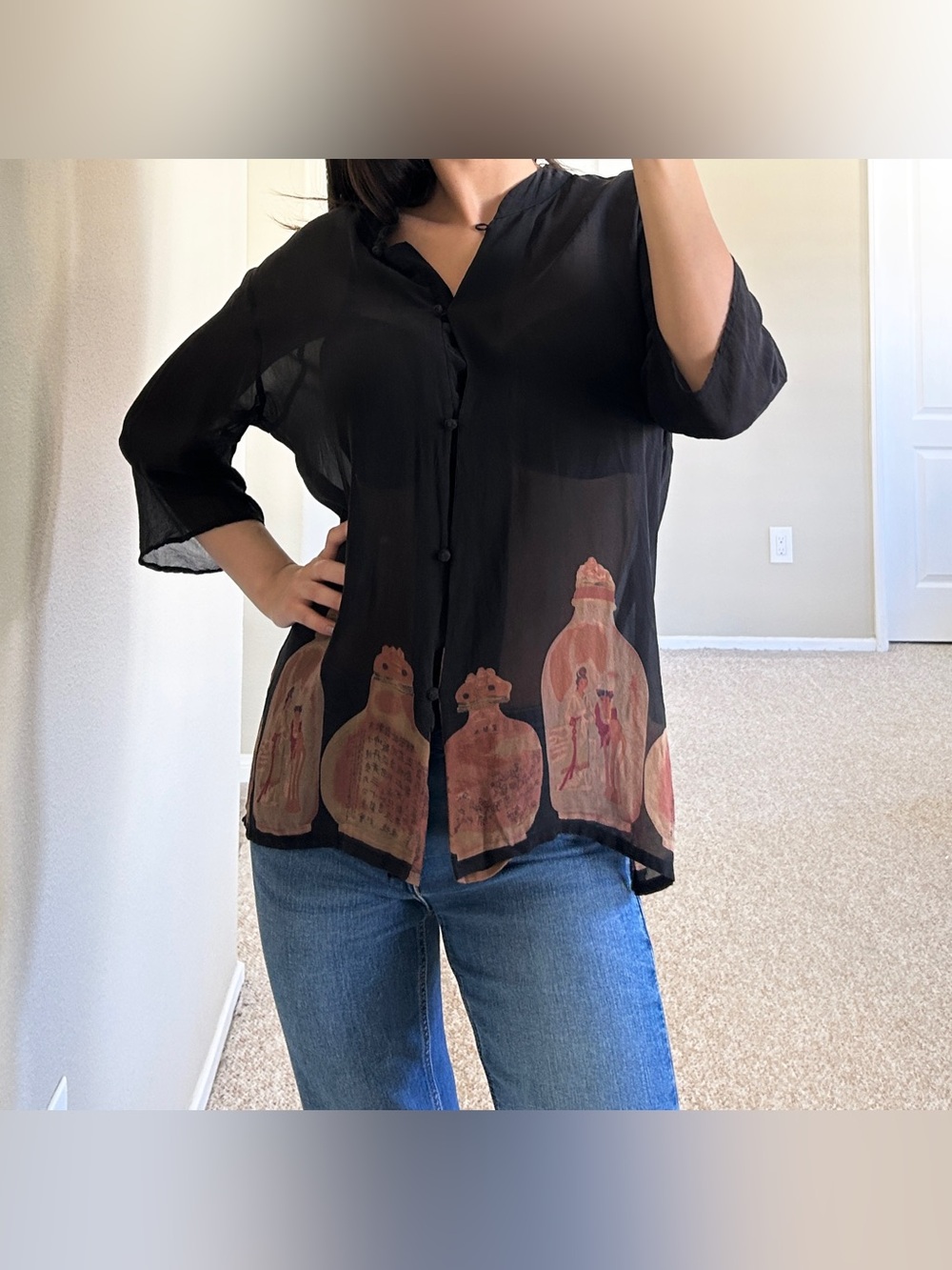 100% Silk Sheer Black Women's Button Down Blouse Chinese Style